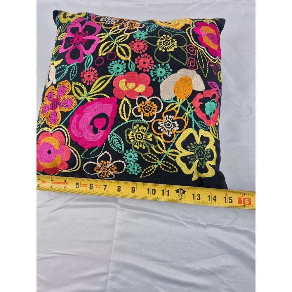 Nur Embroidered Floral Pillow Boho Black Multicolor India Throw‎ Cushion 16